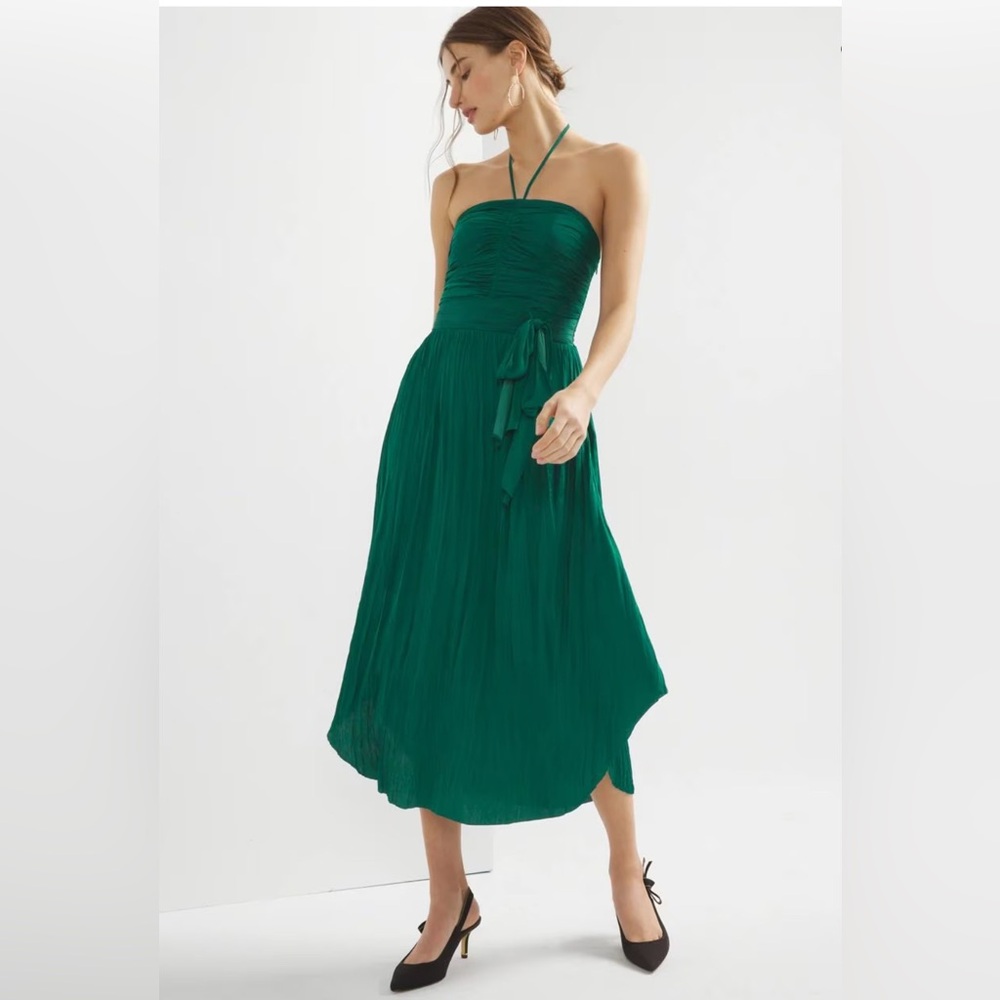 New White House Black Market Elegant Green Halter Strapless Tie Waist Dress